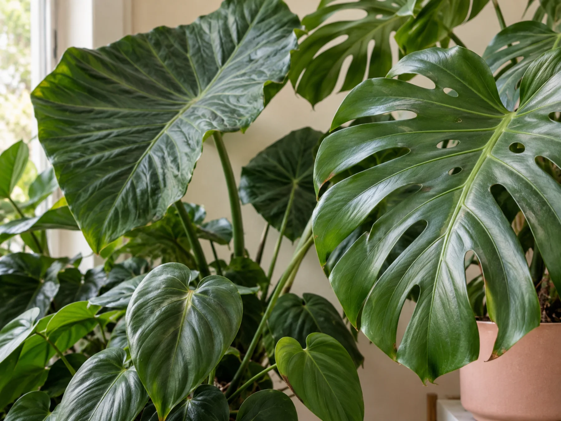 Monstera, elephant-ear and philodendron houseplant leaves