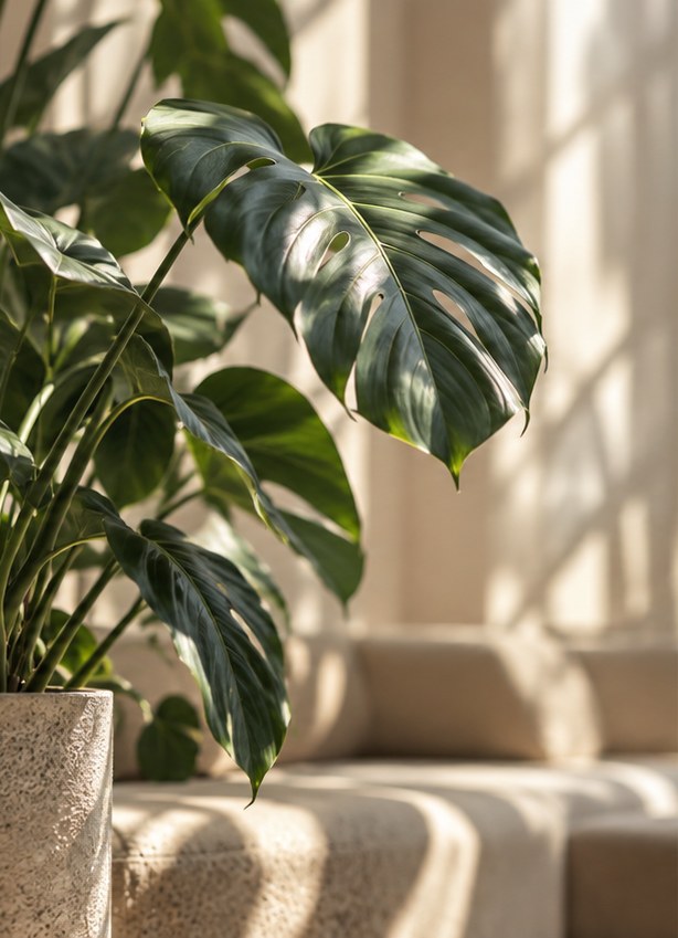 Monstera in a stone planter beside a linen sofa, in window light